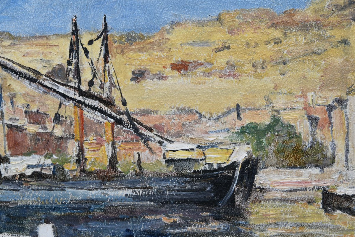 Théophile BERENGIER "Le port de Saint Chamas" 1895 huile sur carton 24x36-photo-2